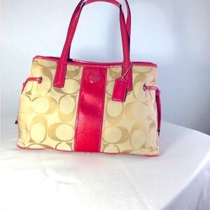 Coach vintage signature striped carry all bag ,canvas scarf pattern leather pink